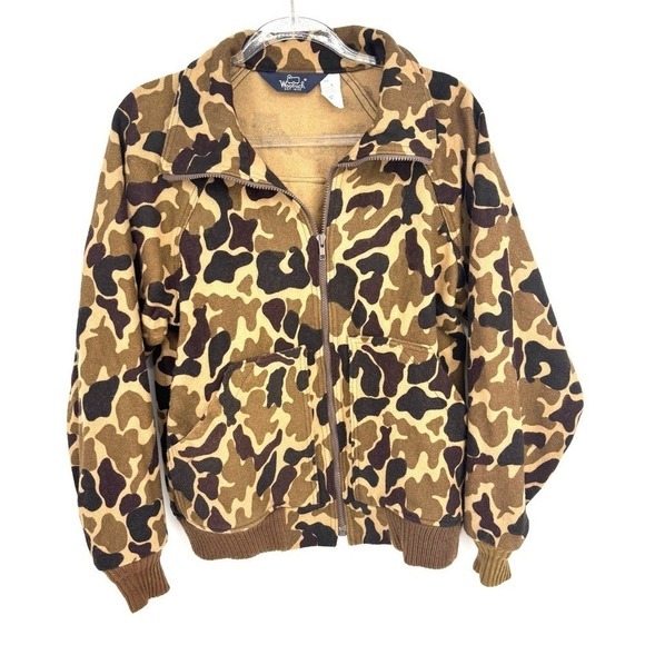 Vintage Woolrich Wool Camo Bomber Jacket Size Medium‎ Zip Up Camping Outdoor